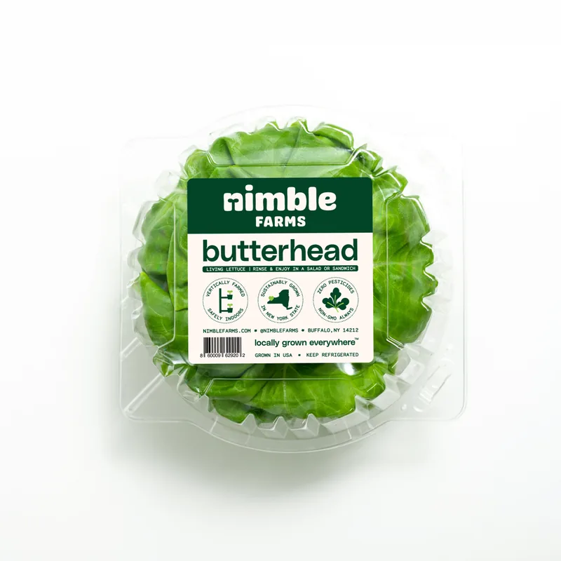 Nimble Farms whole head of butterhead lettuce in a clear clamshell
