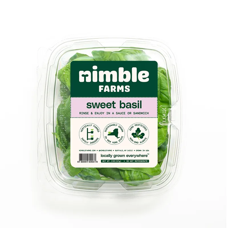 Nimble Farms sweet basil in a clear clamshell package